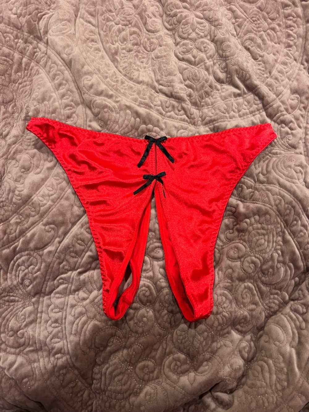 Red Satin Cutout crotchless Thong with Black Bows
